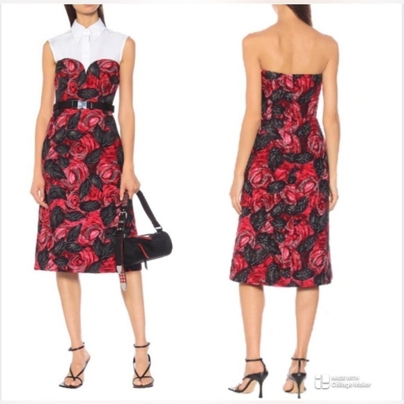 Prada red floral crepe cady midi dress in red - Picture 2 of 14